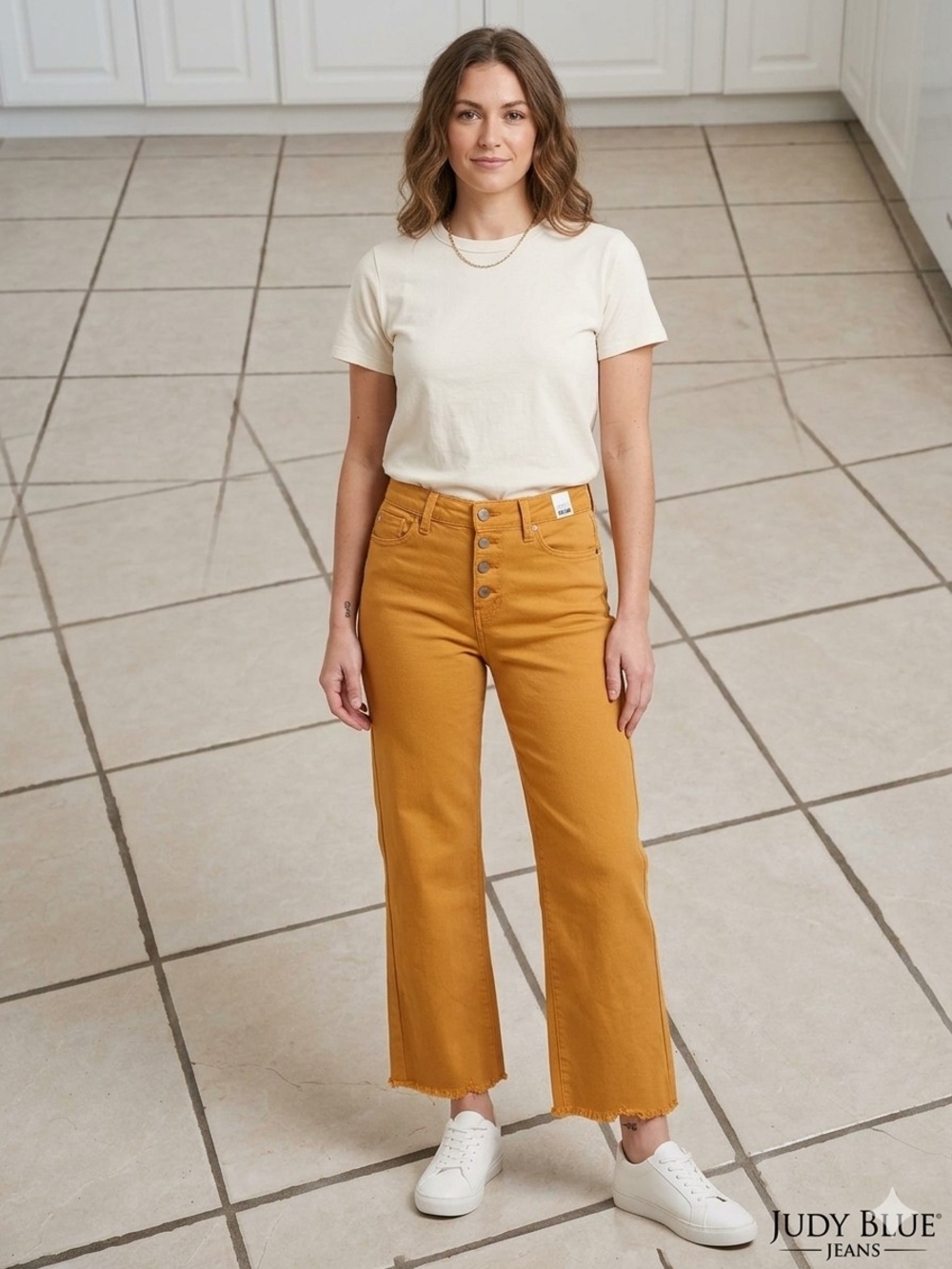 JUDY BLUE Mustard High Rise Button Fly Wide Leg Crop Jeans Size 5/27 STRETCH